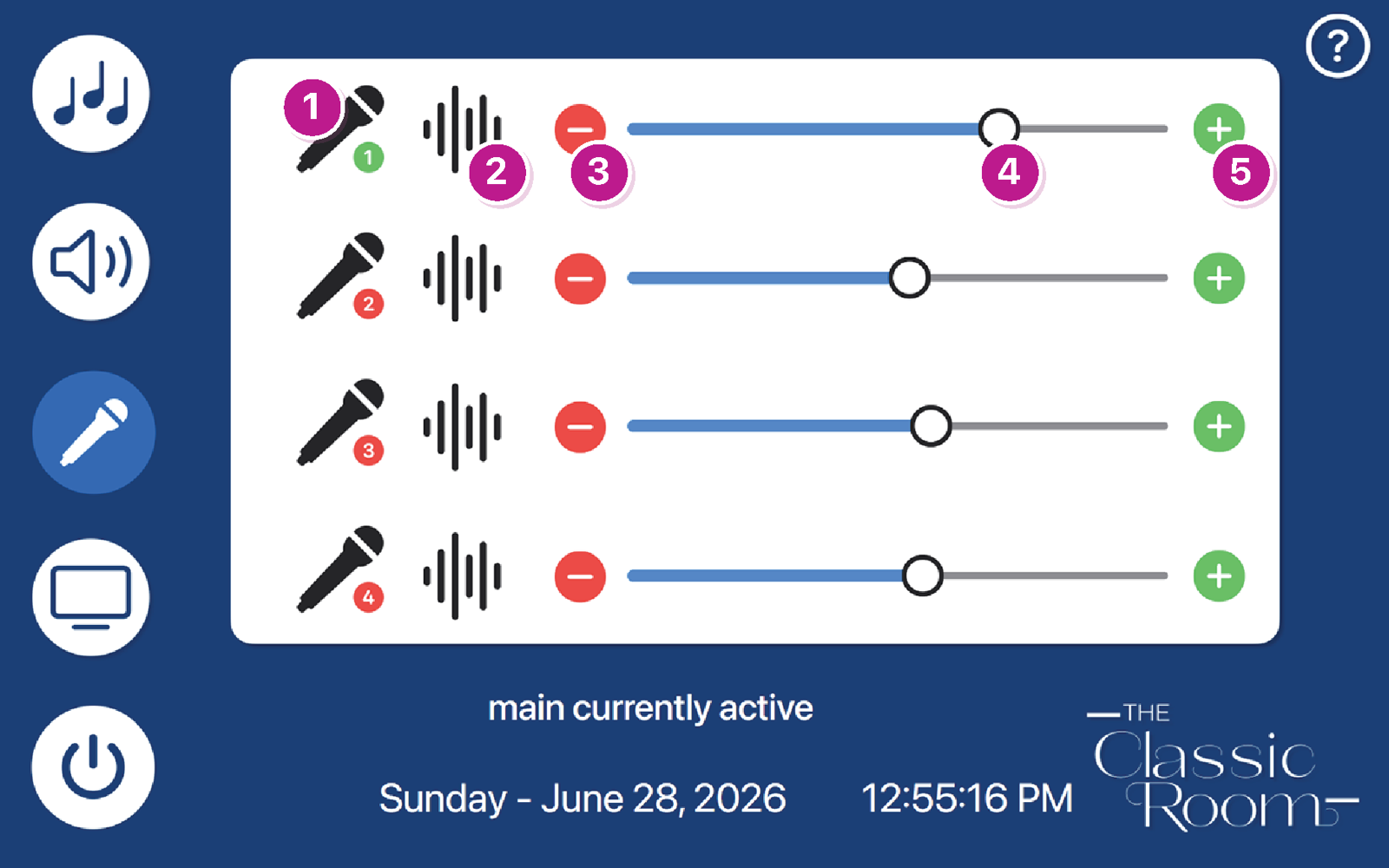 Use wireless microphones screen with numbered control callouts