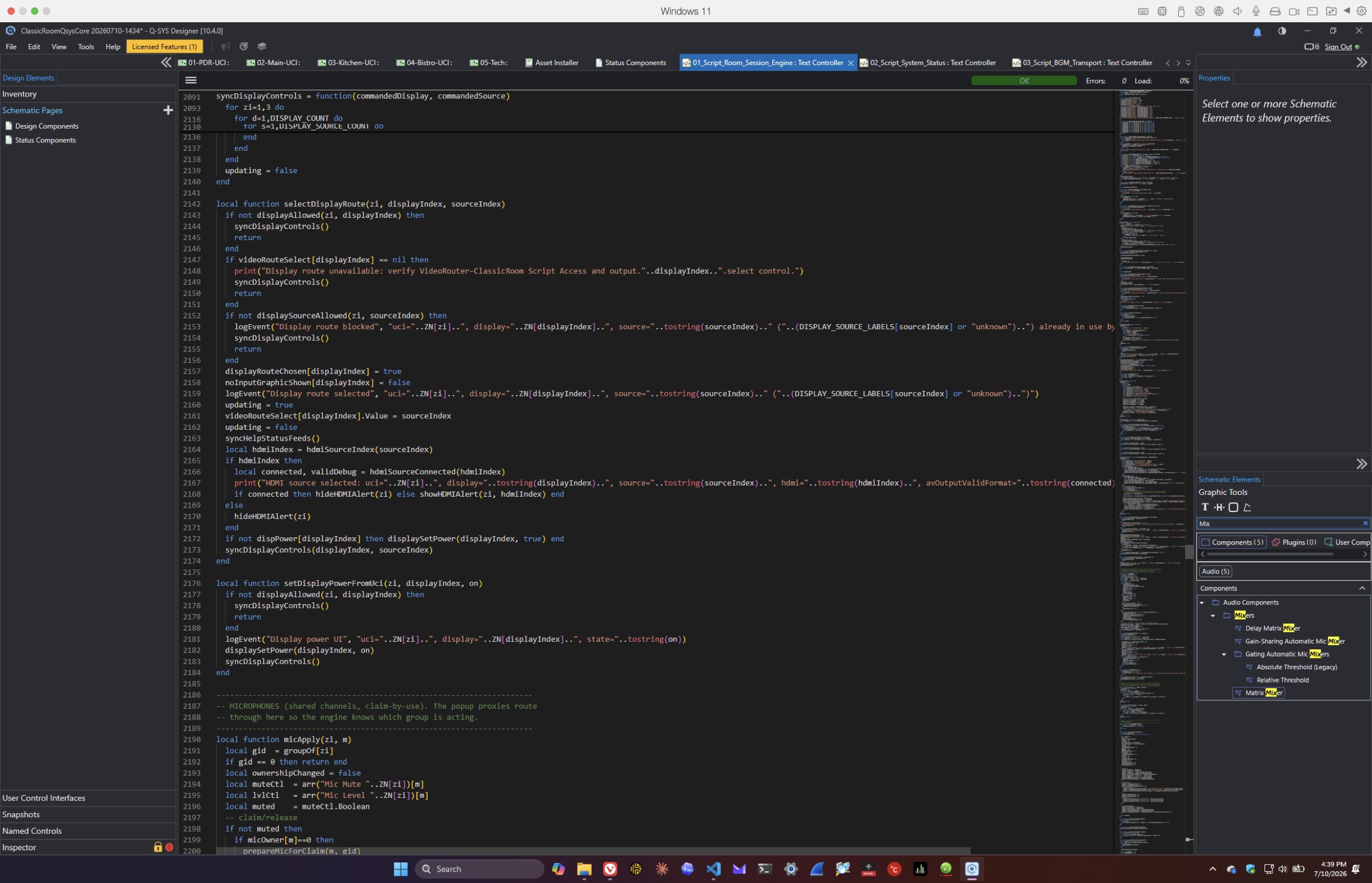 The Room Session Engine Lua source code open in the Q-SYS Designer Text Controller