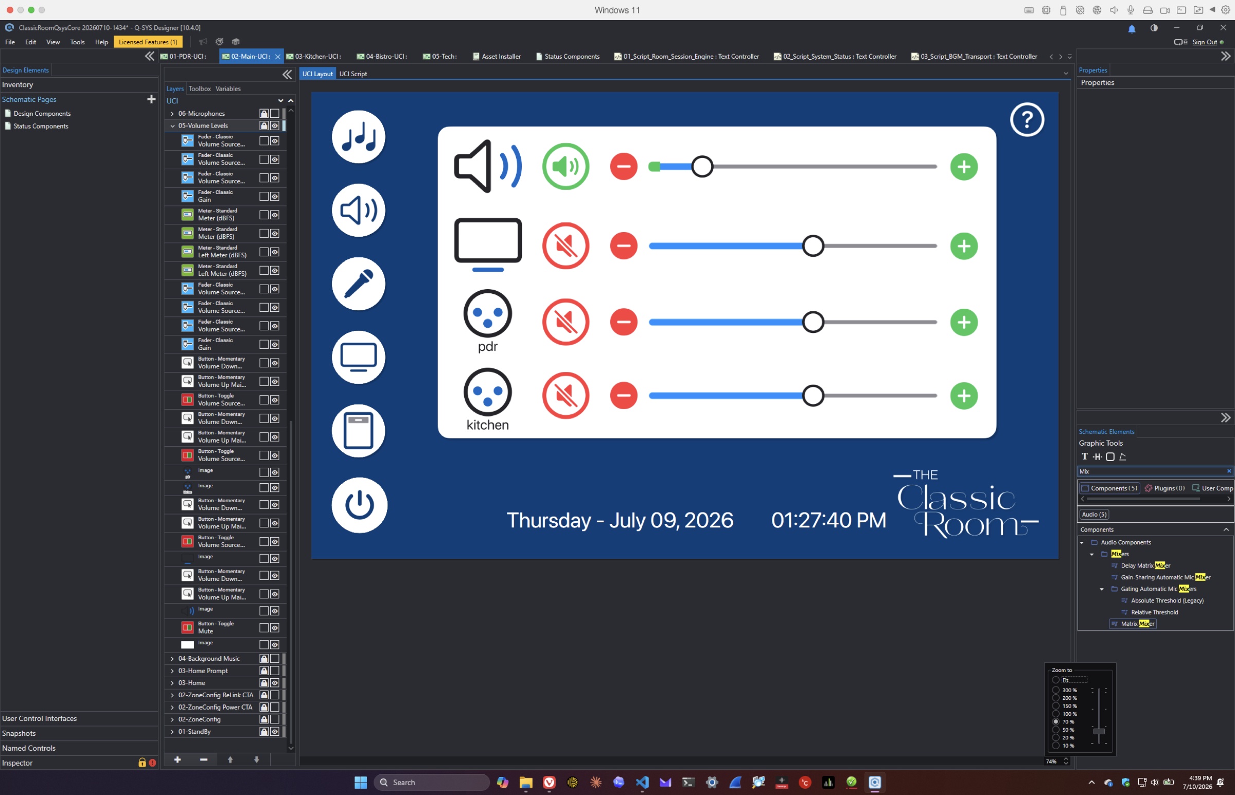 The flat Classic Room Volume Levels interface implemented inside Q-SYS Designer
