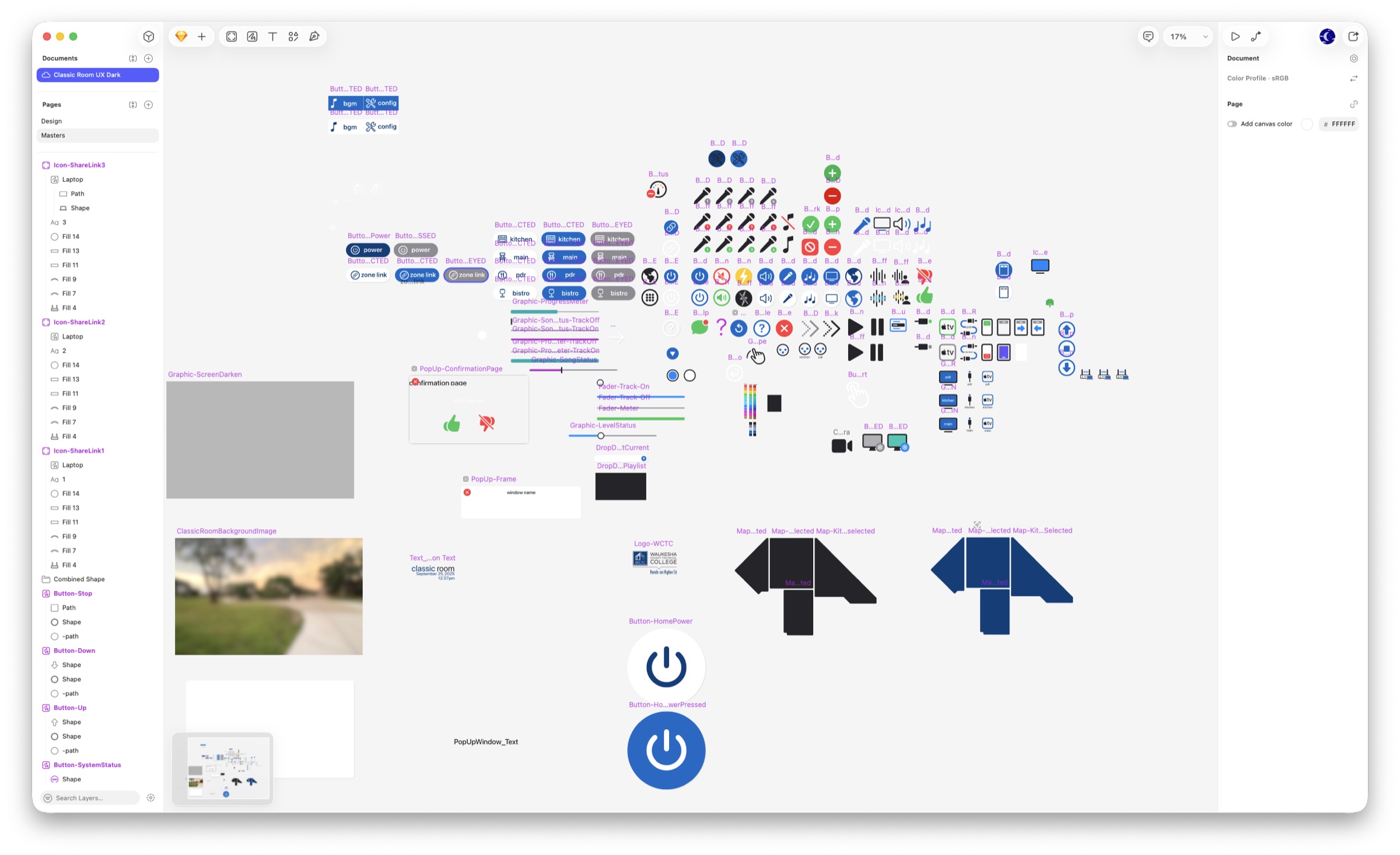 Sketch symbol library containing the reusable buttons, icons, faders, maps, and interface elements for the Classic Room